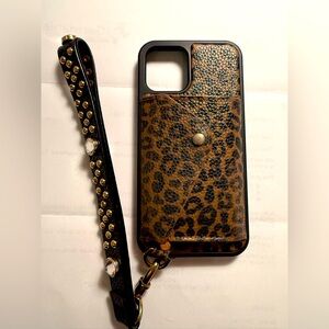 Bandolier Wallet Case and Wriststrap. Leopard. Black. Gold. 12 pro size